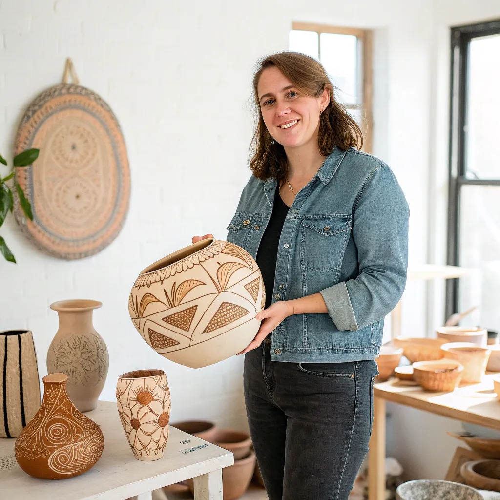Emily Carter showcasing her pottery creations