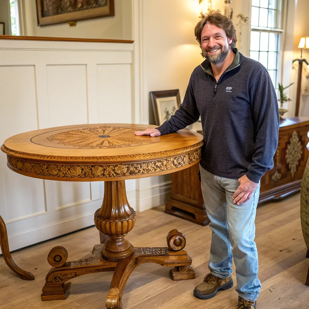 James Thompson with a handcrafted wooden table