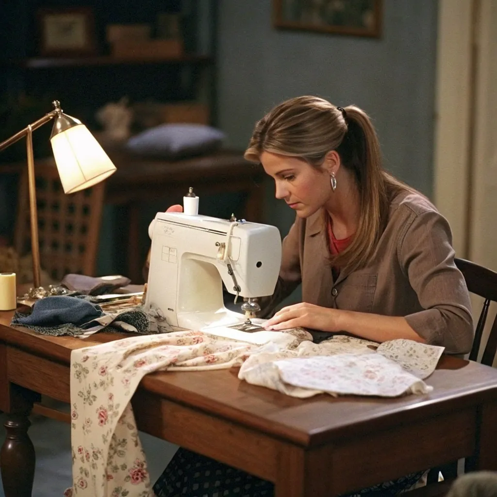 Rachel Green working on a sewing project